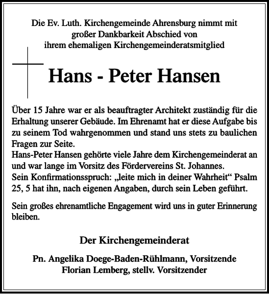 Hans Peter Hansen Gedenken Stormarner Tageblatt