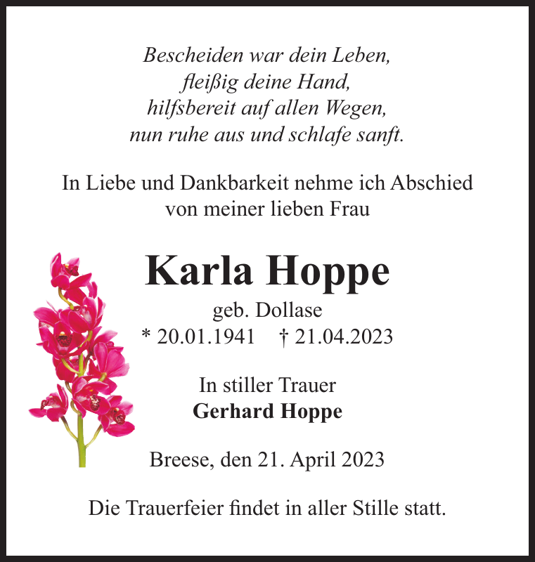 Karla Hoppe Traueranzeige Der Prignitzer