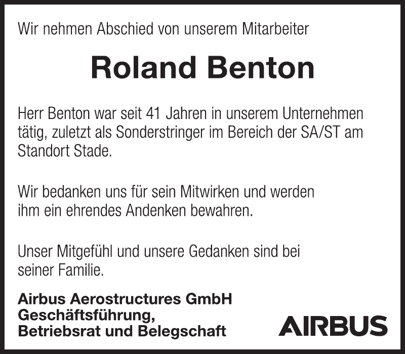 Roland Benton Nachruf Stader Tageblatt