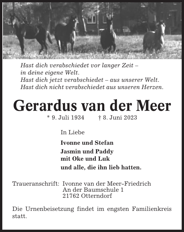 Gerardus Van Der Meer Traueranzeige Niederelbe Zeitung