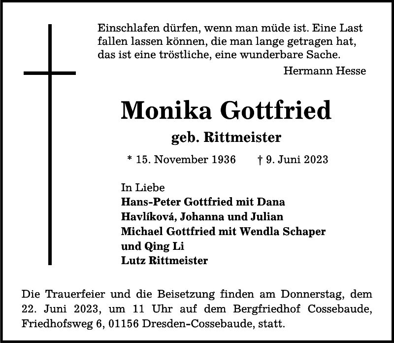 Monika Gottfried Traueranzeige Sächsische Zeitung