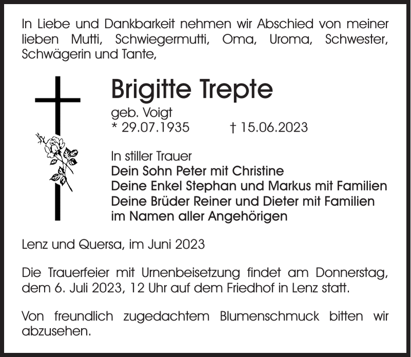 Brigitte Trepte Traueranzeige Sächsische Zeitung