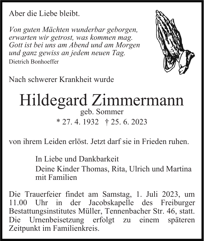 Hildegard Zimmermann Traueranzeige Badische Zeitung