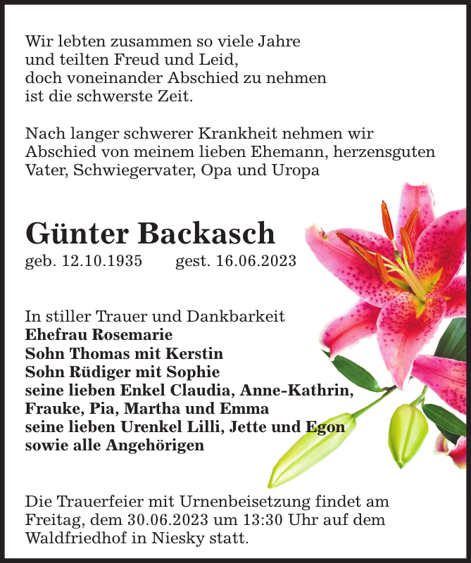 G Nter Backasch Traueranzeige S Chsische Zeitung