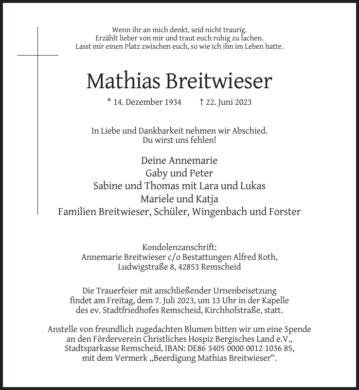 Mathias Breitwieser Traueranzeige Remscheider General Anzeiger