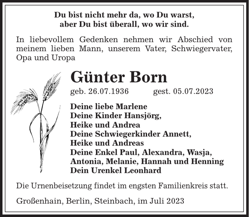 Günter Born Traueranzeige Sächsische Zeitung