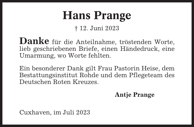 Hans Prange Danksagung Cuxhavener Nachrichten