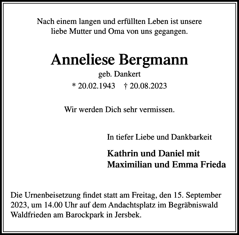 Anneliese Bergmann Traueranzeige Stormarner Tageblatt