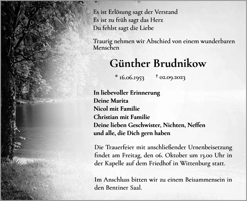 G Nther Brudnikow Traueranzeige Gadebusch Rehnaer Zeitung