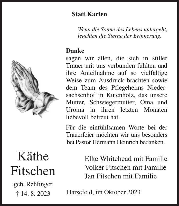 Käthe Fitschen Danksagung Stader Tageblatt