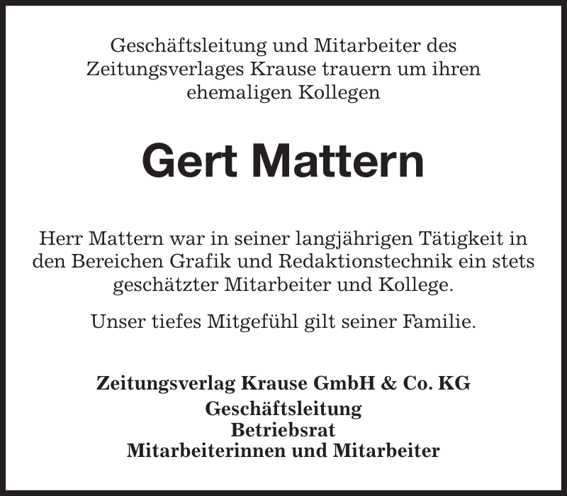 Gert Mattern Nachruf Stader Tageblatt