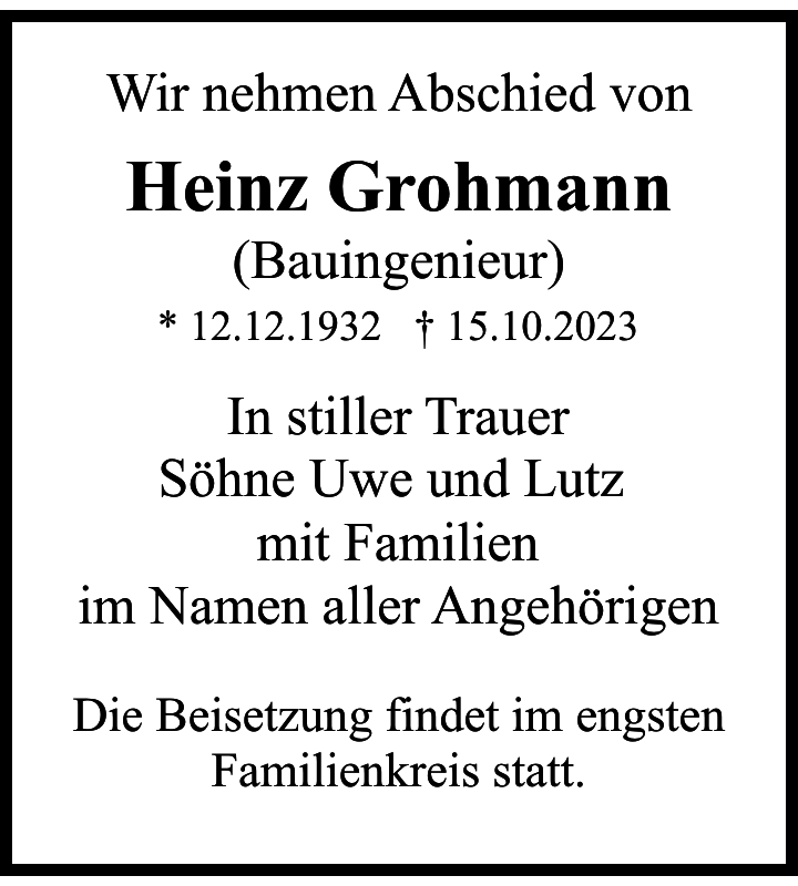 Heinz Grohmann Traueranzeige Sächsische Zeitung