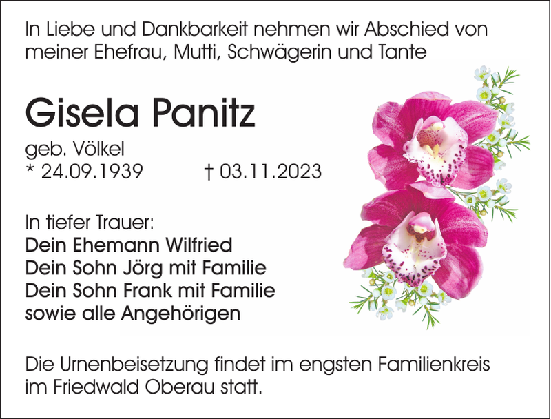 Gisela Panitz Traueranzeige Sächsische Zeitung