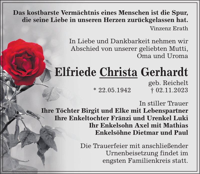 Elfriede Christa Gerhardt Traueranzeige S Chsische Zeitung