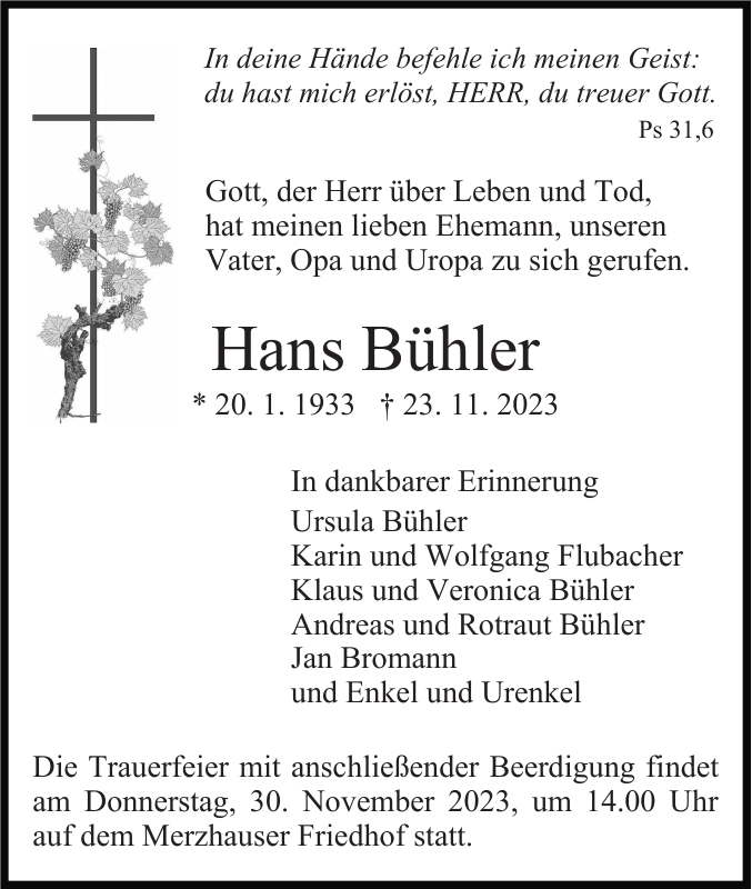 Hans B Hler Traueranzeige Badische Zeitung