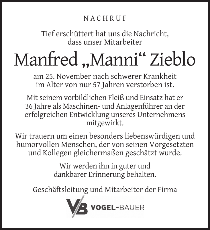 Manfred Manni Zieblo Traueranzeige Solinger Tageblatt Trauer