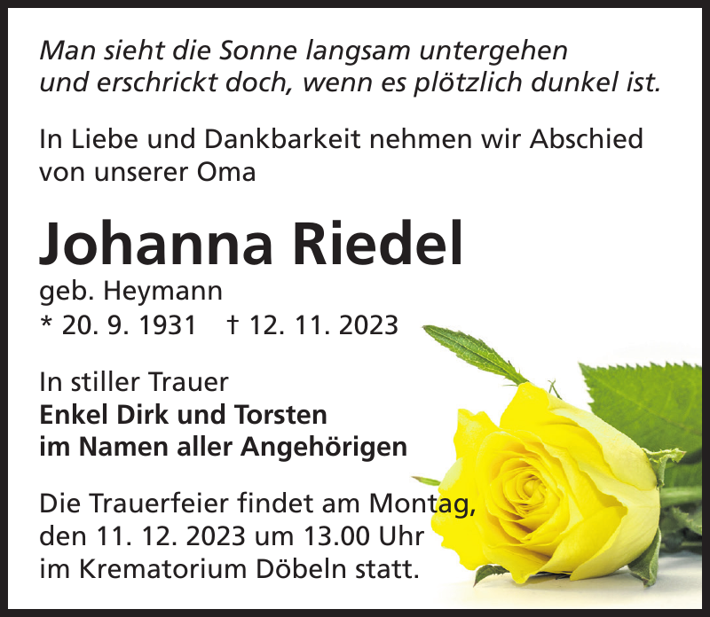 Johanna Riedel Traueranzeige Sächsische Zeitung