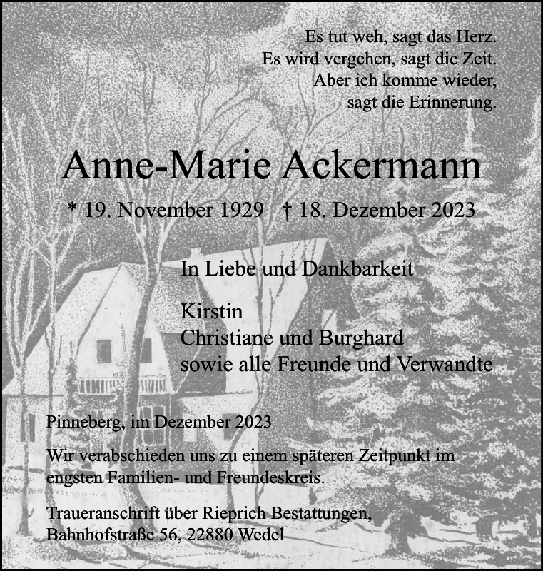 Anne Marie Ackermann Traueranzeige Pinneberger Tageblatt