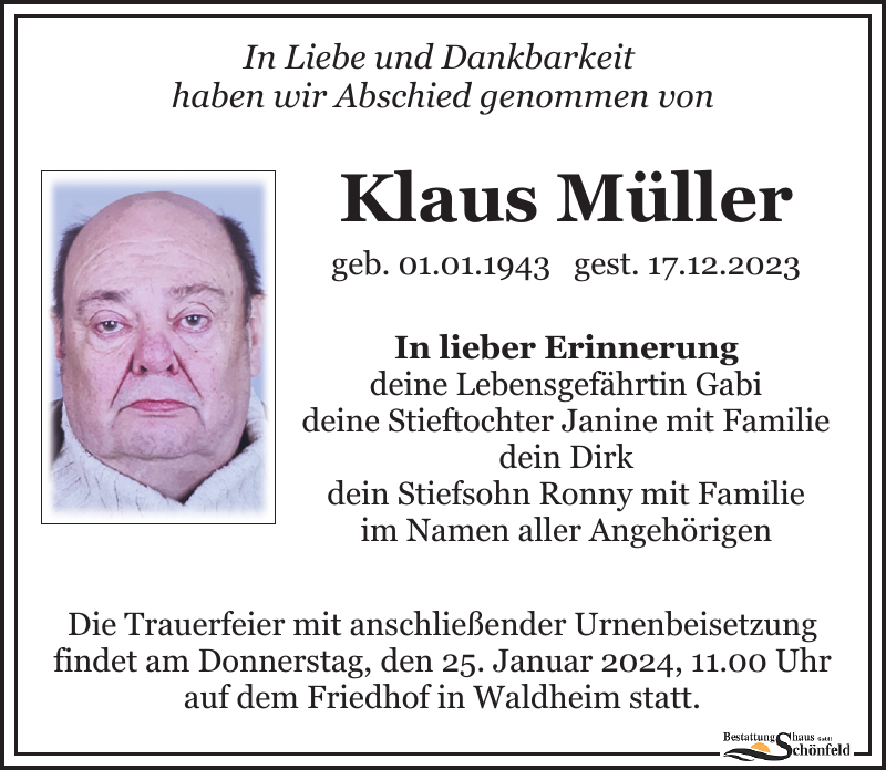 Klaus Müller Traueranzeige Sächsische Zeitung