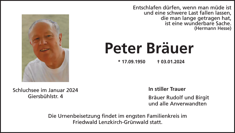 Peter Bräuer Traueranzeige Badische Zeitung