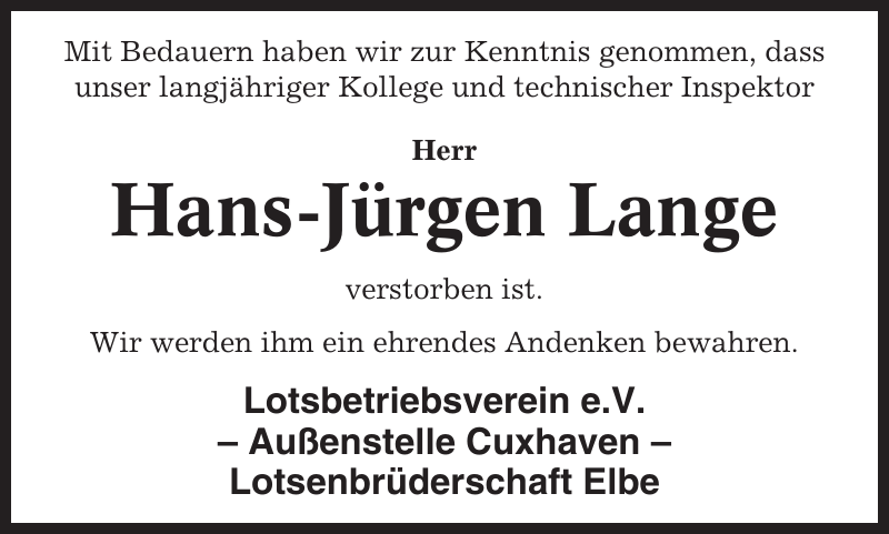 Hans Jürgen Lange Gedenken Cuxhavener Nachrichten