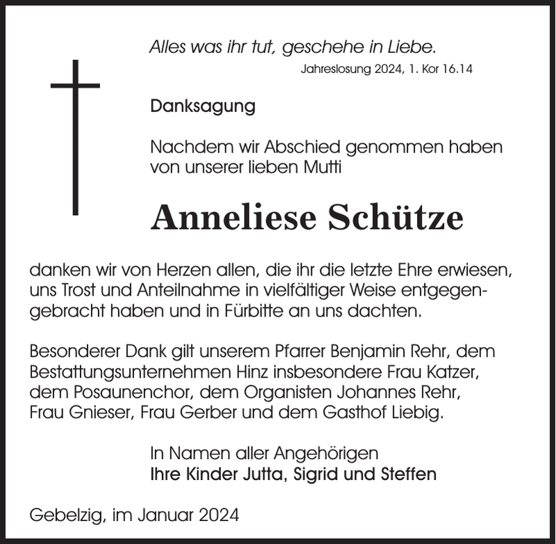 Anneliese Schütze Traueranzeige Sächsische Zeitung