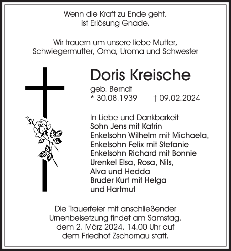 Doris Kreische Traueranzeige S Chsische Zeitung