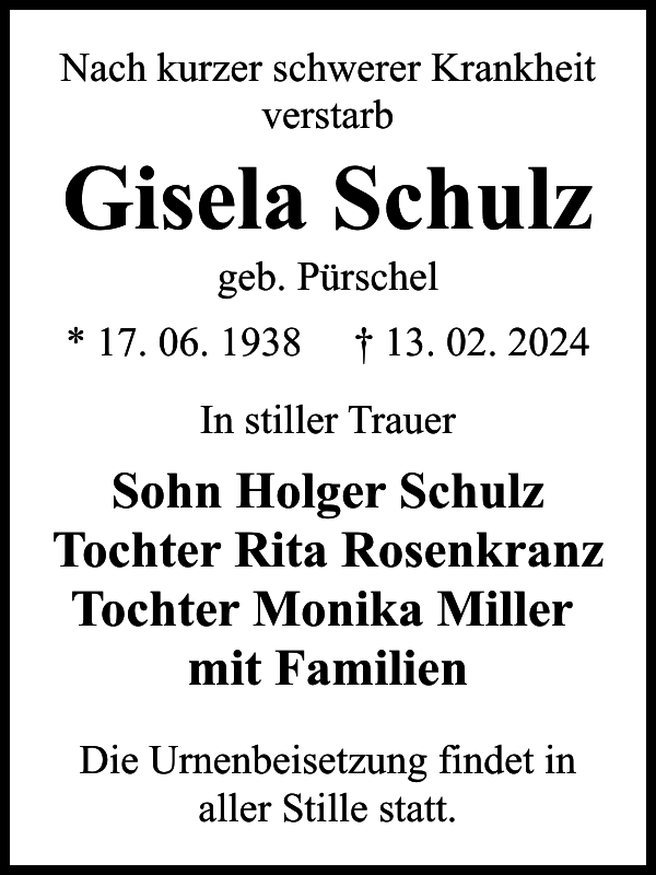 Gisela Schulz Traueranzeige Sächsische Zeitung