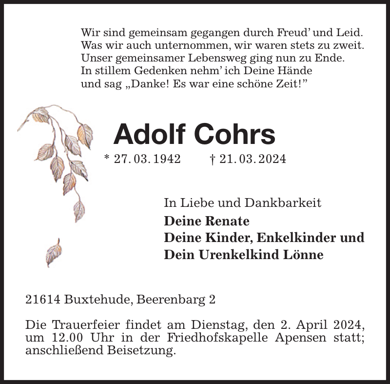 Adolf Cohrs Traueranzeige Stader Tageblatt