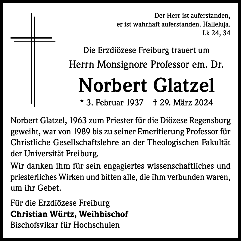 Norbert Glatzel Nachruf Badische Zeitung