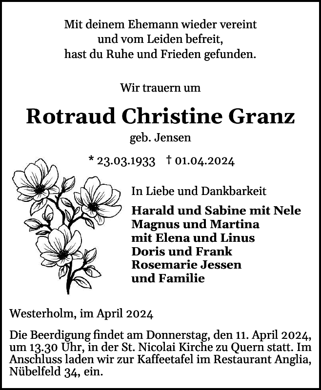 Rotraud Christine Granz Traueranzeige Flensburger Tageblatt