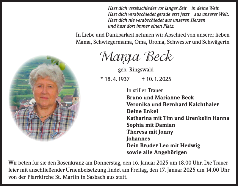 Marga Beck Traueranzeige Badische Zeitung