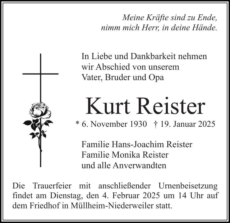 Kurt Reister Traueranzeige Badische Zeitung