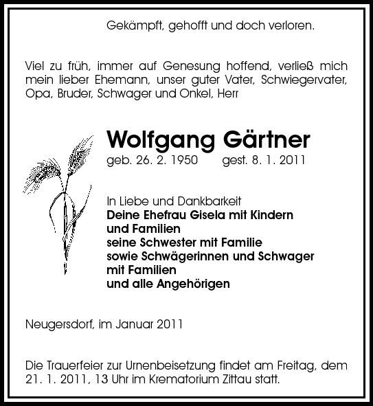 Wolfgang Gärtner Traueranzeige Sächsische Zeitung