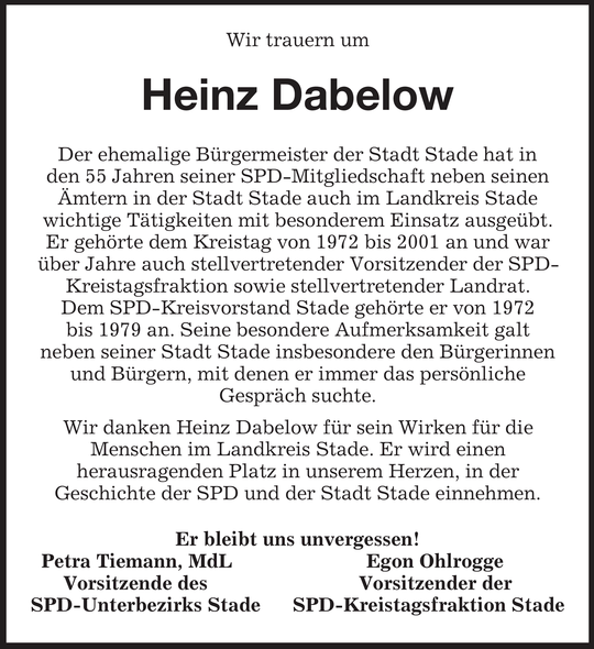 Heinz Dabelow Nachruf Stader Tageblatt