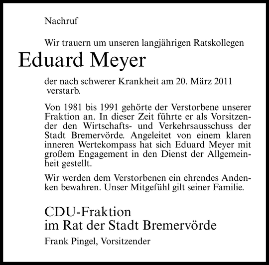 Eduard Meyer Nachruf Bremervörder Zeitung