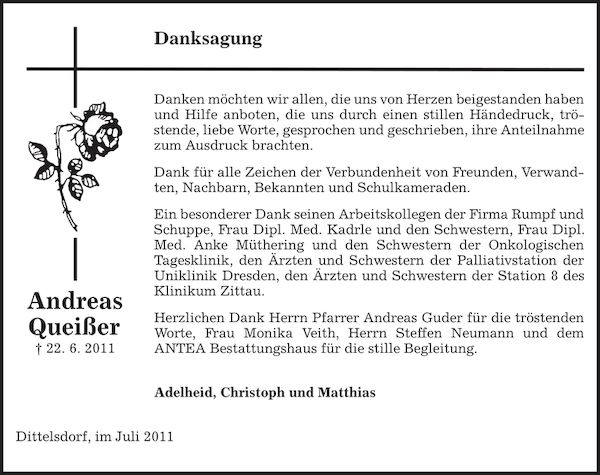 Andreas Queißer: Traueranzeige : Sächsische Zeitung