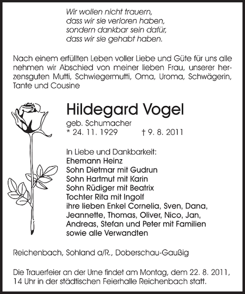 Hildegard Vogel Traueranzeige Sächsische Zeitung