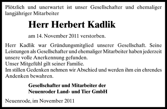 Herbert Kadlik : Gedenken : Hagenower Kreisblatt
