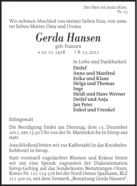Gerda Hansen : Traueranzeige : Flensburger Tageblatt