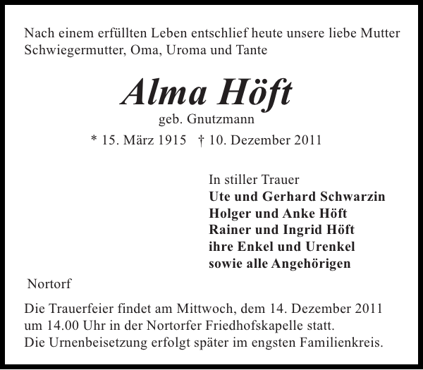 Alma Höft : Traueranzeige : Landeszeitung