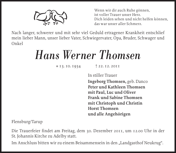 Hans Werner Thomsen: Traueranzeige : Flensburger Tageblatt