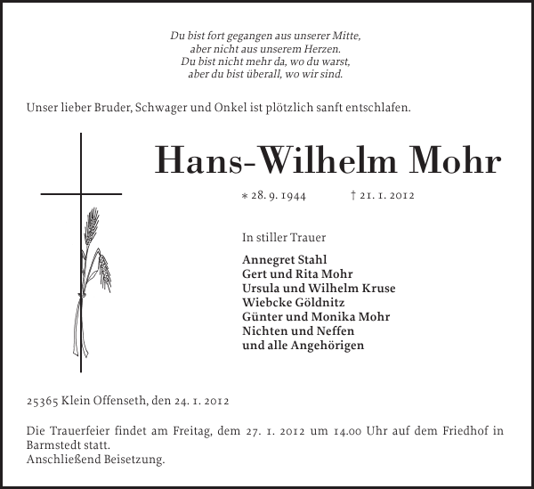 HansWilhelm Mohr Traueranzeige Elmshorner Nachrichten