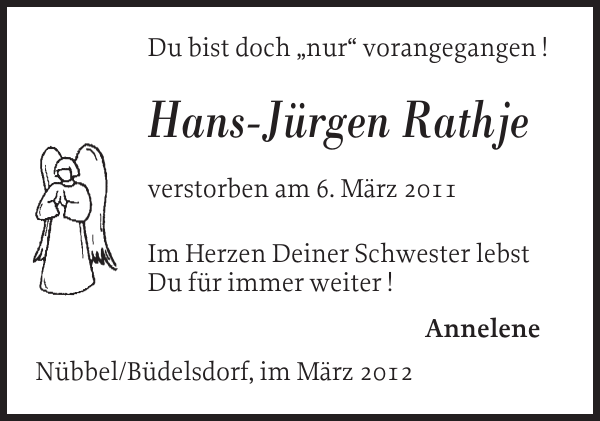 HansJürgen Rathje Traueranzeige Landeszeitung
