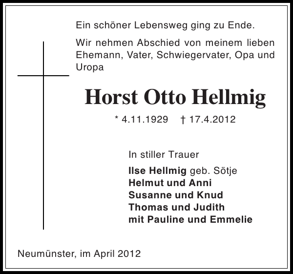 Horst Otto Hellmig: Traueranzeige : Holsteinischer Courier