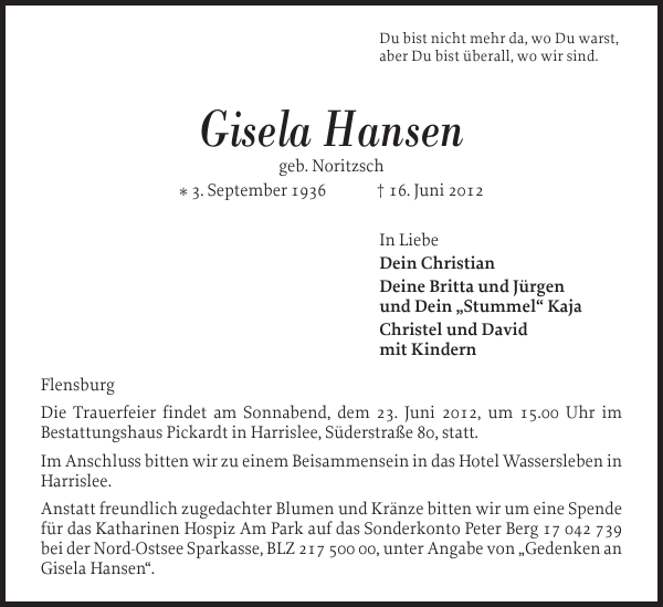 Gisela Hansen : Danksagung : Flensburger Tageblatt