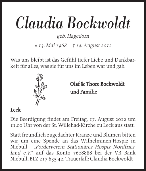 Claudia Bockwoldt Traueranzeige Nordfriesland Tageblatt