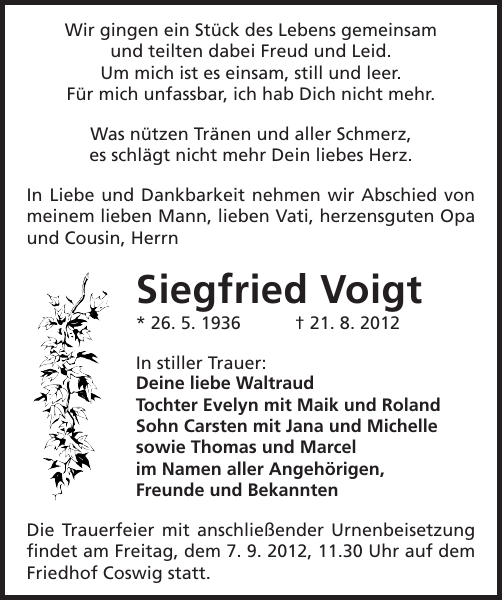 Siegfried Voigt Traueranzeige Sächsische Zeitung