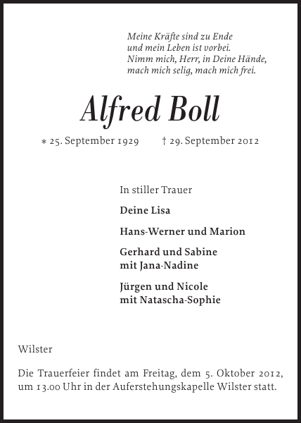 Alfred Boll Traueranzeige Norddeutsche Rundschau