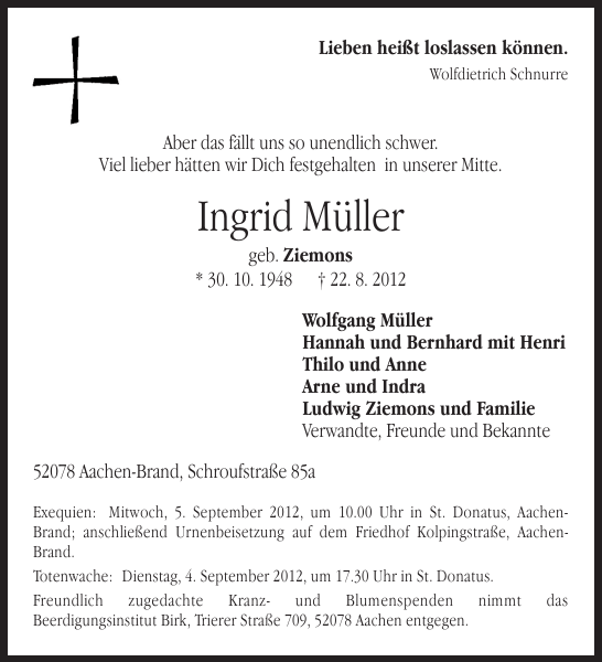 Ingrid Müller : Traueranzeige : Aachener Zeitung Ingrid Müller : Traueranzeige : Aachener Zeitung